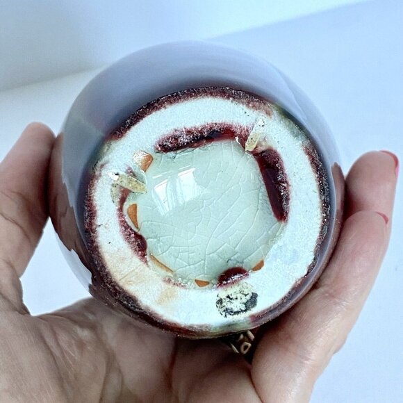 Studio Art Pottery Flower Vase Moss Green Wine Red Brown Crackle Glaze 5.75” - Picture 6 of 8